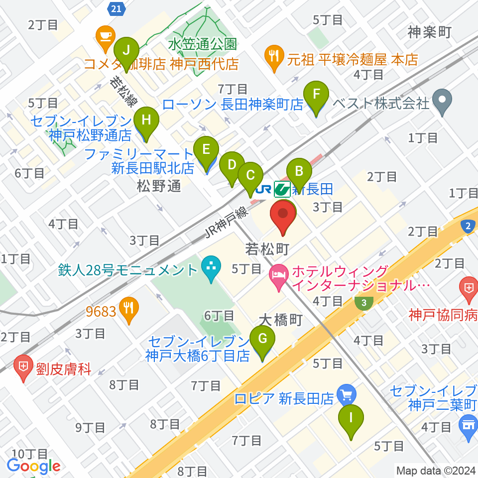 ピフレホール（長田区文化センター別館）周辺のコンビニエンスストア一覧地図