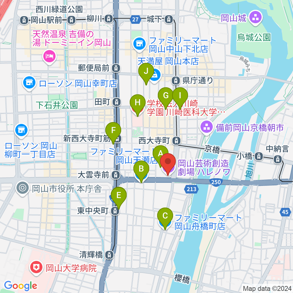 岡山芸術創造劇場ハレノワ周辺のコンビニエンスストア一覧地図