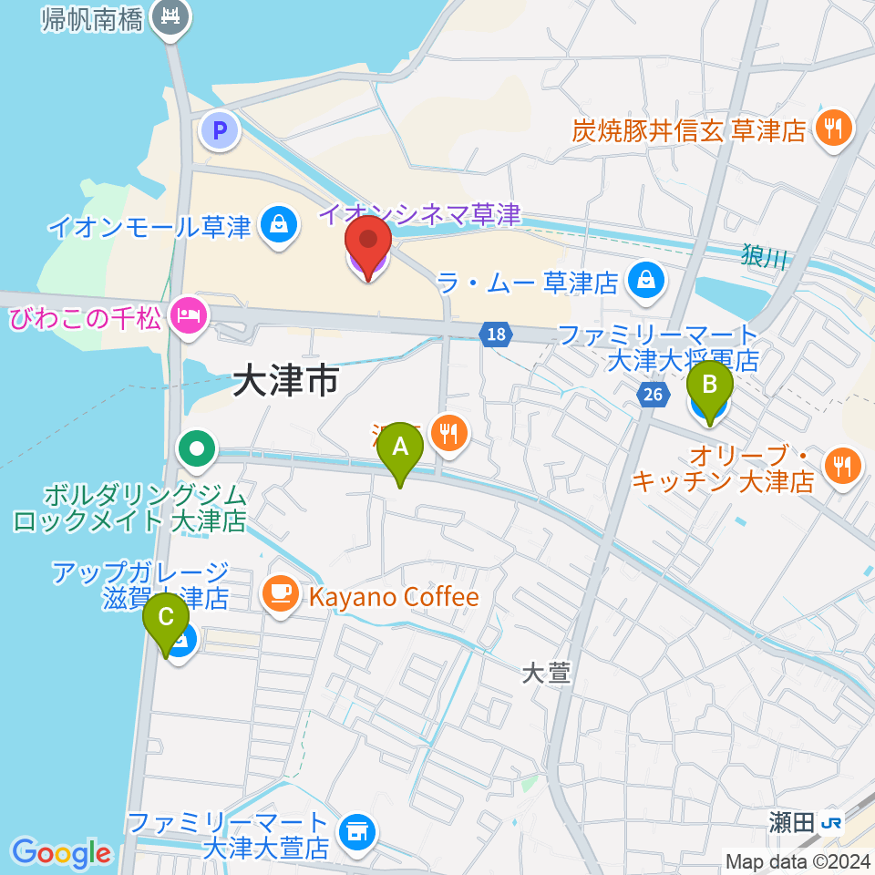 イオンシネマ草津周辺のコンビニエンスストア一覧地図