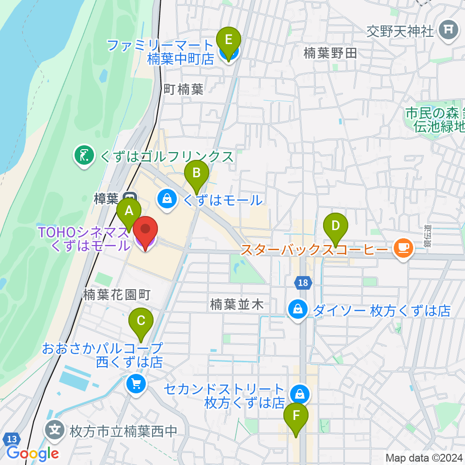 TOHOシネマズくずはモール周辺のコンビニエンスストア一覧地図