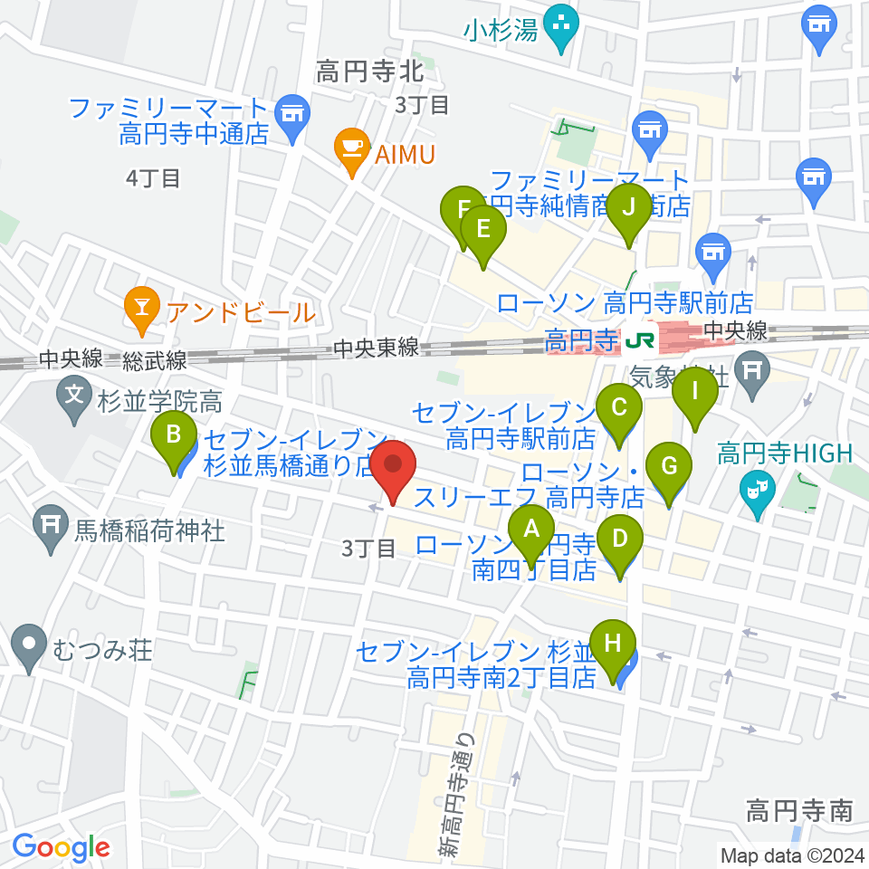 高円寺Knock周辺のコンビニエンスストア一覧地図