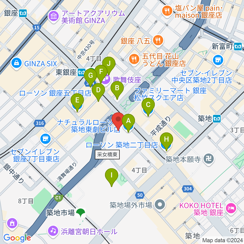 東劇周辺のコンビニエンスストア一覧地図