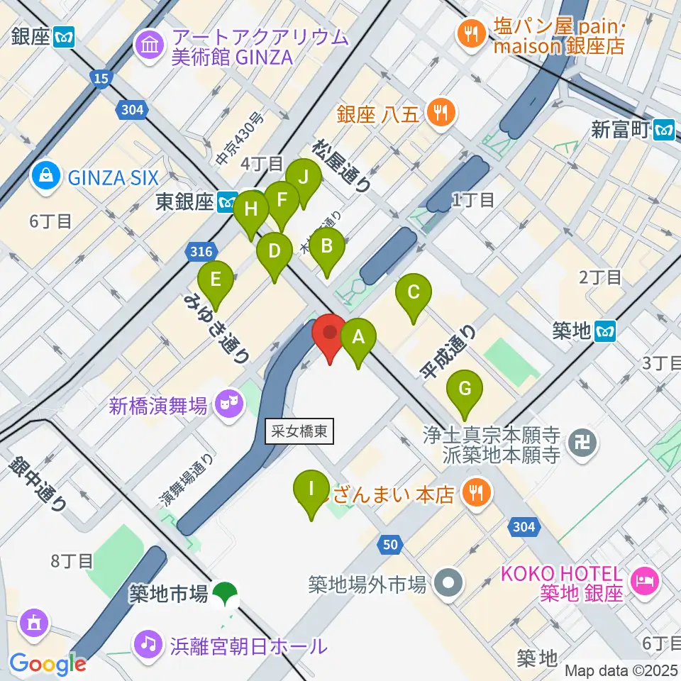 東劇周辺のコンビニエンスストア一覧地図