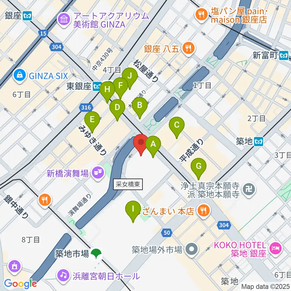 東劇周辺のコンビニエンスストア一覧地図