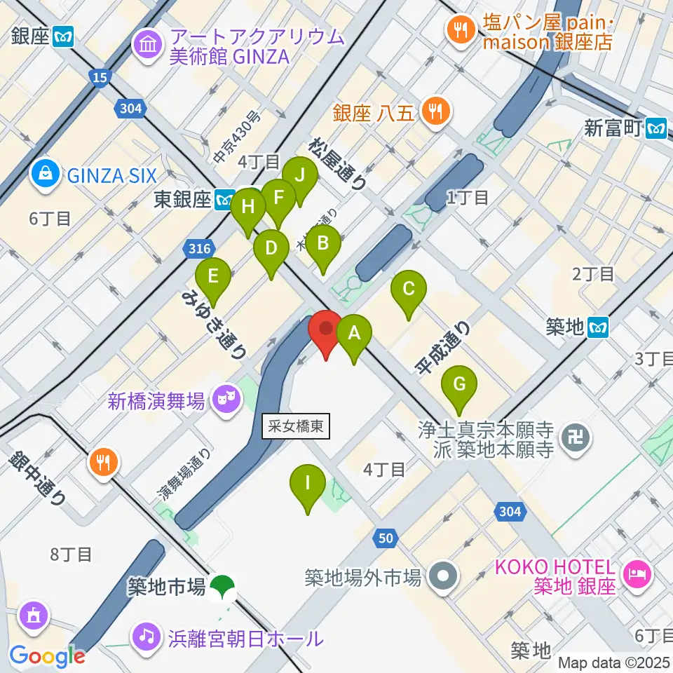 東劇周辺のコンビニエンスストア一覧地図