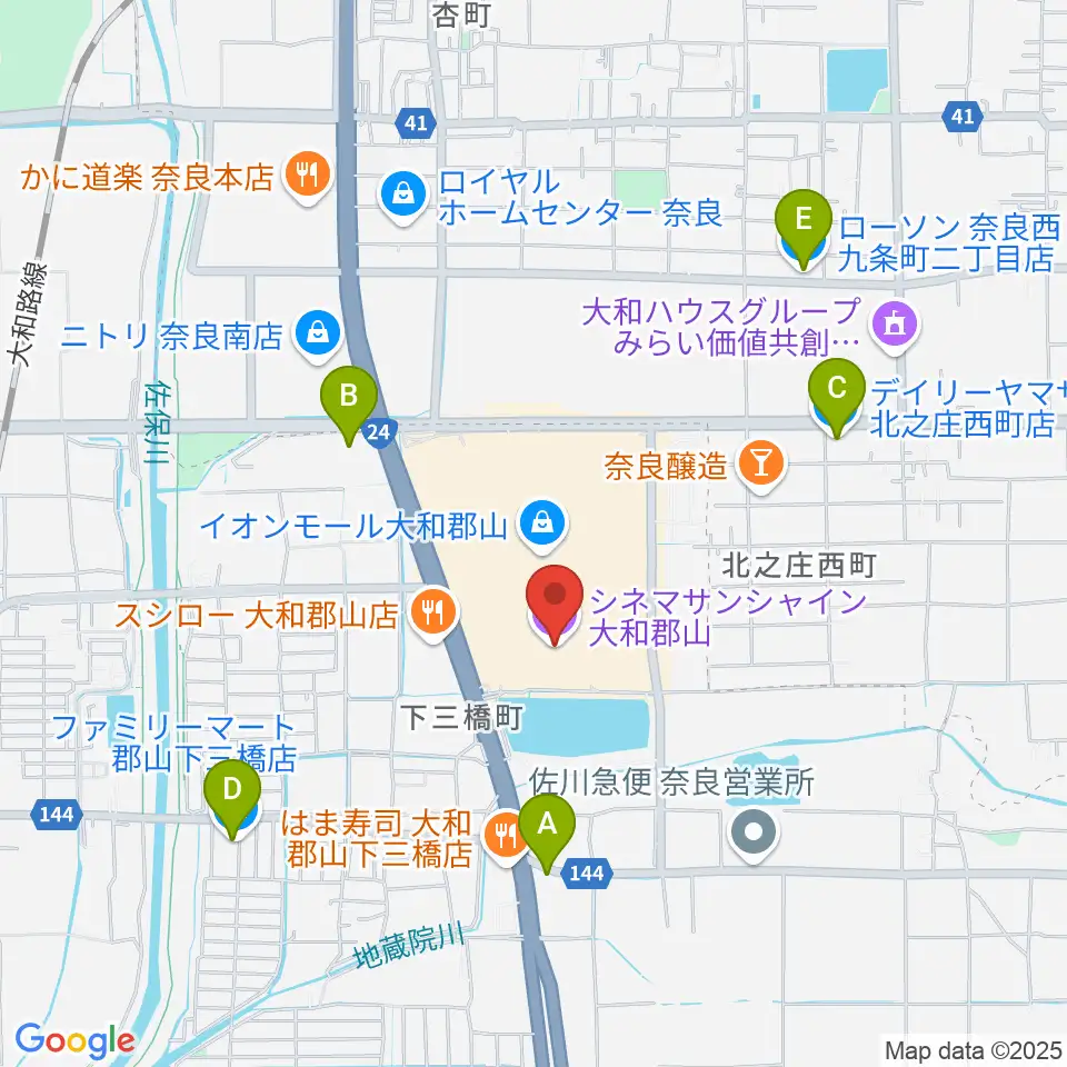 シネマサンシャイン大和郡山周辺のコンビニエンスストア一覧地図