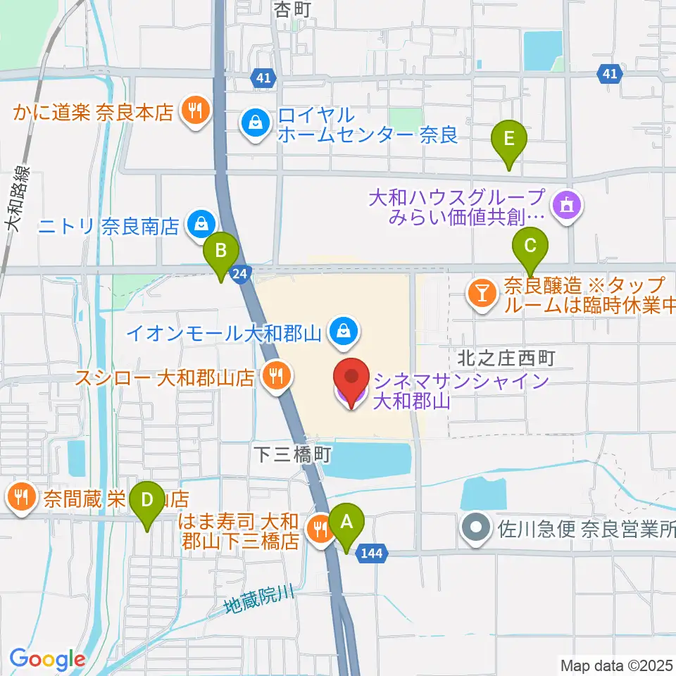 シネマサンシャイン大和郡山周辺のコンビニエンスストア一覧地図