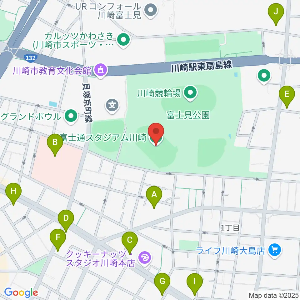 富士通スタジアム川崎周辺のコンビニエンスストア一覧地図