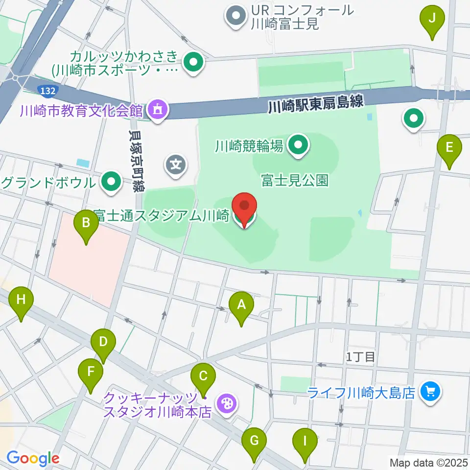 富士通スタジアム川崎周辺のコンビニエンスストア一覧地図