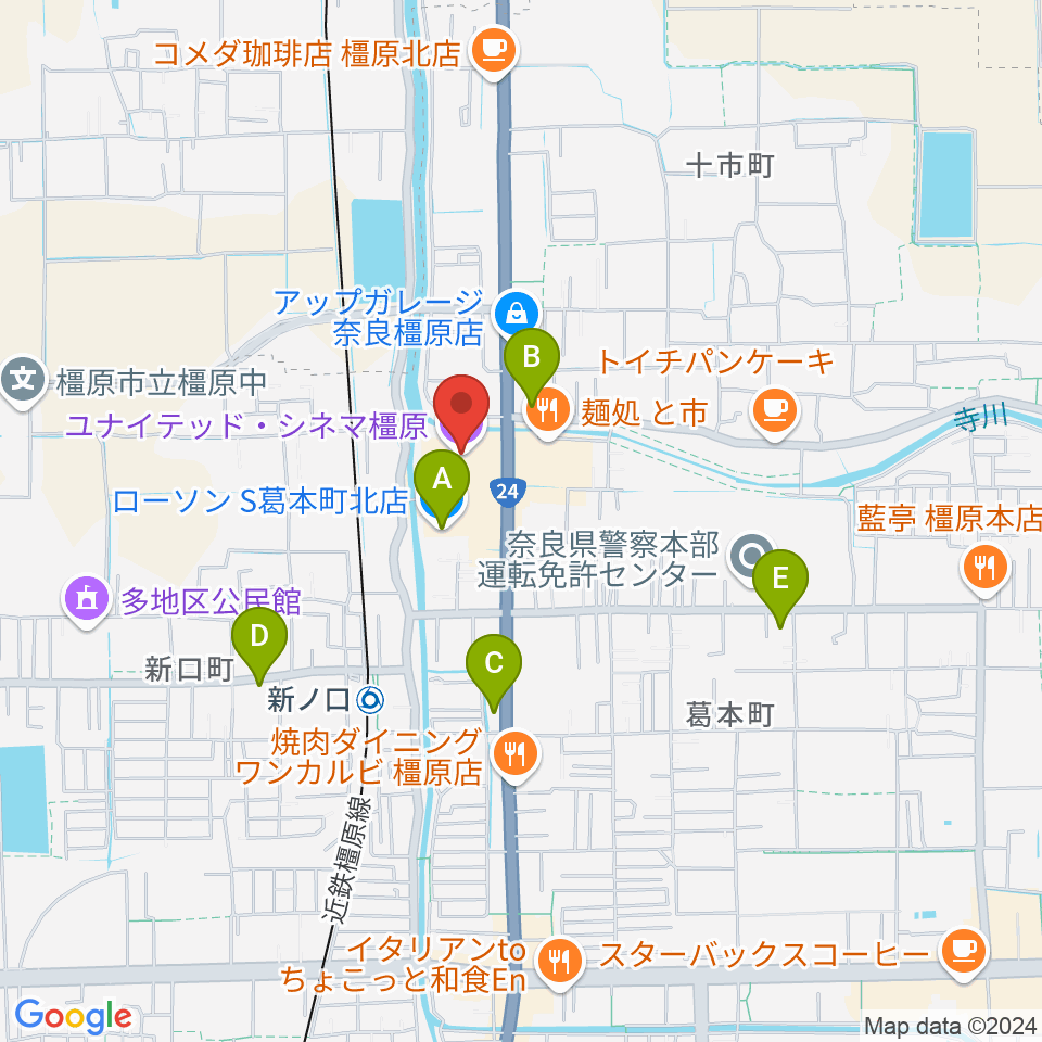 ユナイテッド・シネマ橿原周辺のコンビニエンスストア一覧地図