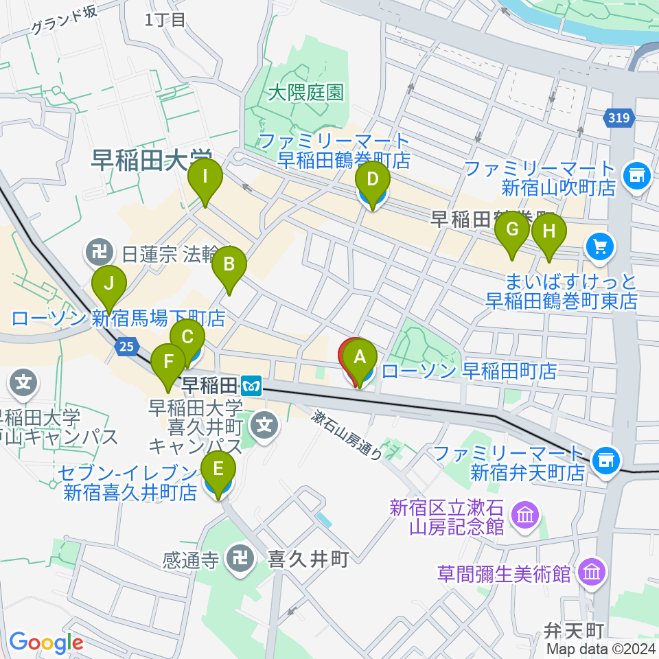 早稲田RiNen(リネン)周辺のコンビニエンスストア一覧地図