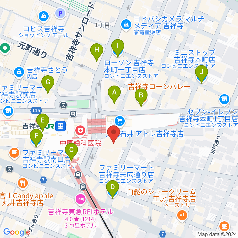 吉祥寺オデヲン周辺のコンビニエンスストア一覧地図