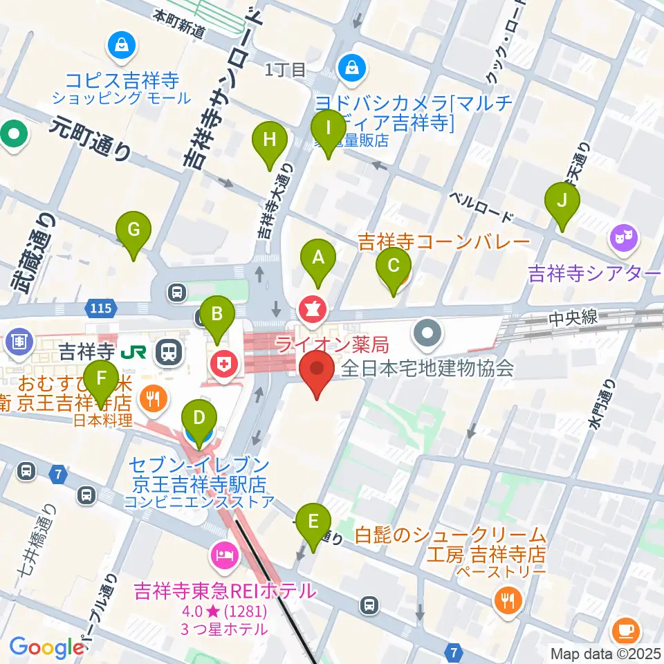 吉祥寺オデヲン周辺のコンビニエンスストア一覧地図