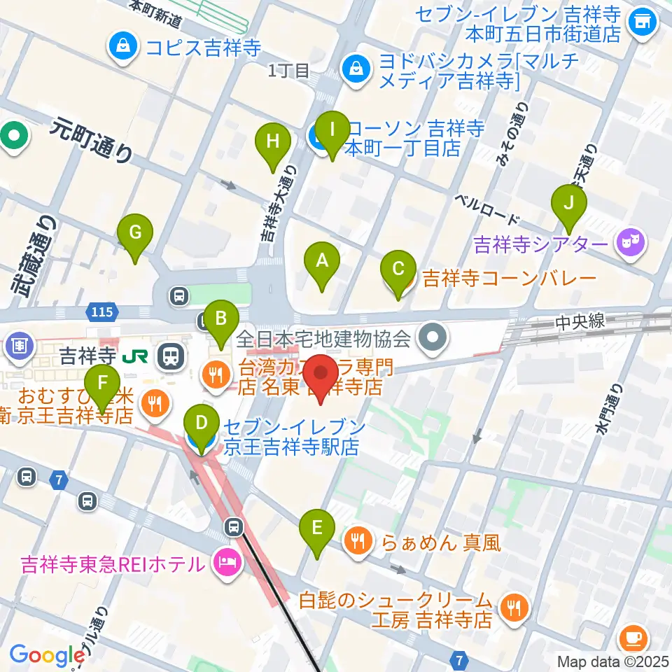 吉祥寺オデヲン周辺のコンビニエンスストア一覧地図