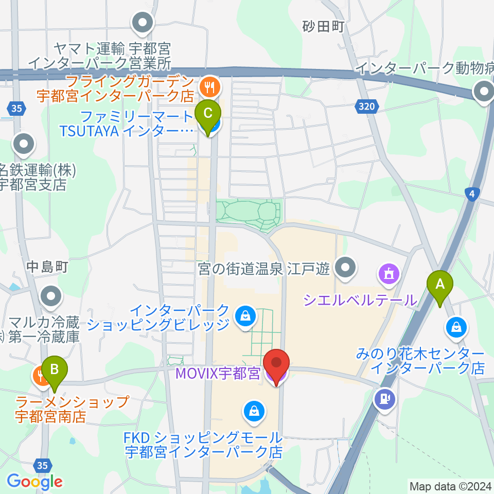 MOVIX宇都宮周辺のコンビニエンスストア一覧地図