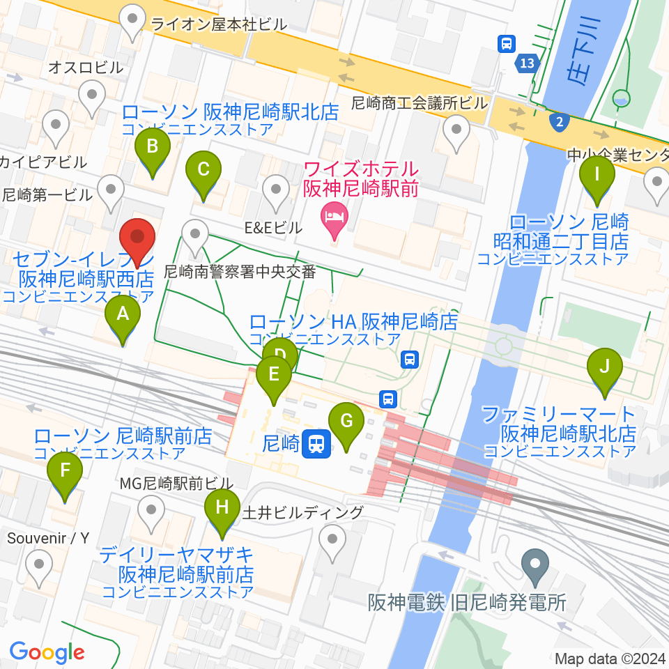 尼崎Scope周辺のコンビニエンスストア一覧地図