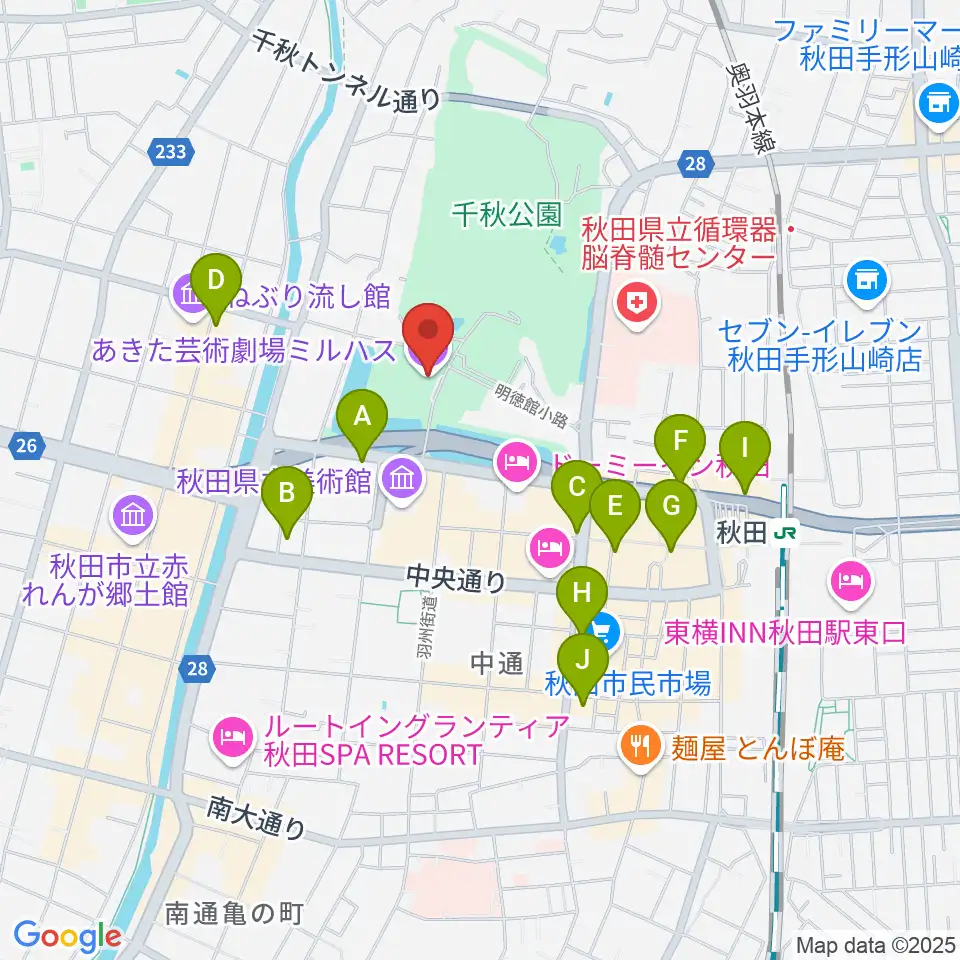 あきた芸術劇場ミルハス周辺のコンビニエンスストア一覧地図