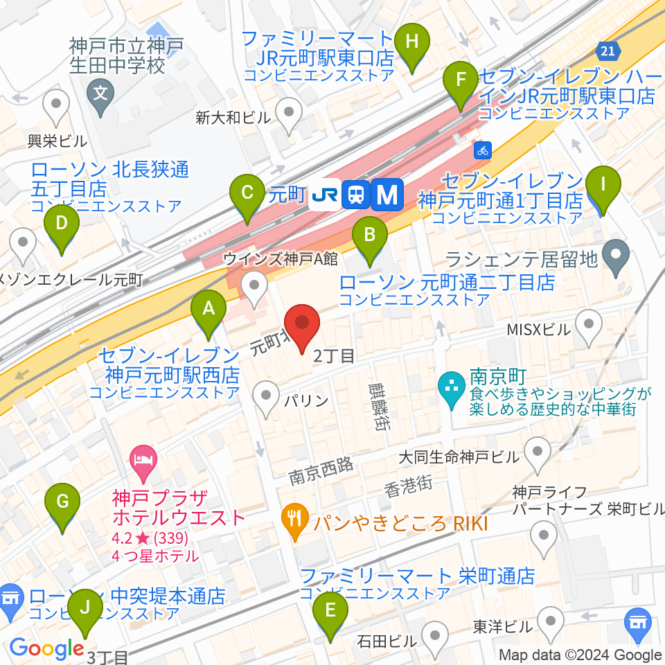 ベースオントップ神戸元町店周辺のコンビニエンスストア一覧地図