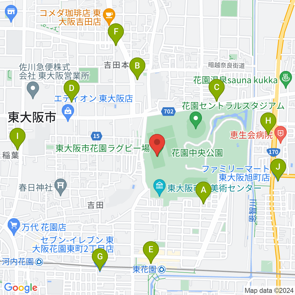 東大阪市花園ラグビー場周辺のコンビニエンスストア一覧地図