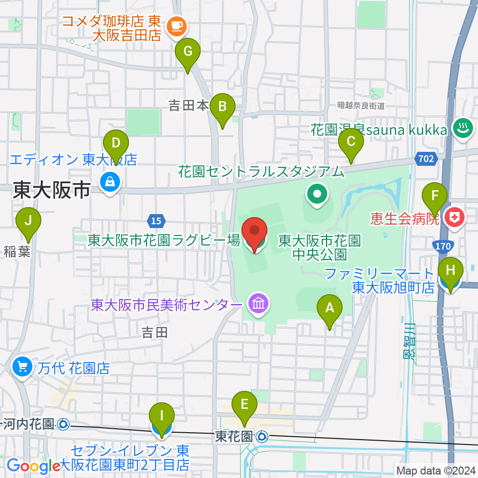 東大阪市花園ラグビー場周辺のコンビニエンスストア一覧地図