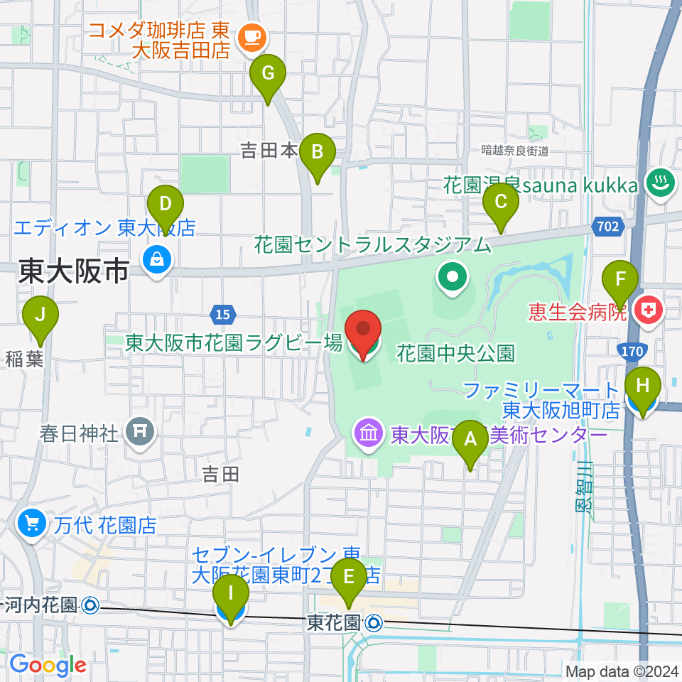 東大阪市花園ラグビー場周辺のコンビニエンスストア一覧地図