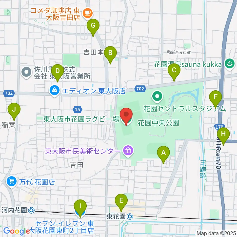 東大阪市花園ラグビー場周辺のコンビニエンスストア一覧地図