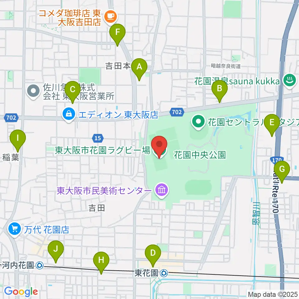 東大阪市花園ラグビー場周辺のコンビニエンスストア一覧地図