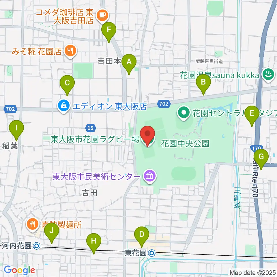 東大阪市花園ラグビー場周辺のコンビニエンスストア一覧地図