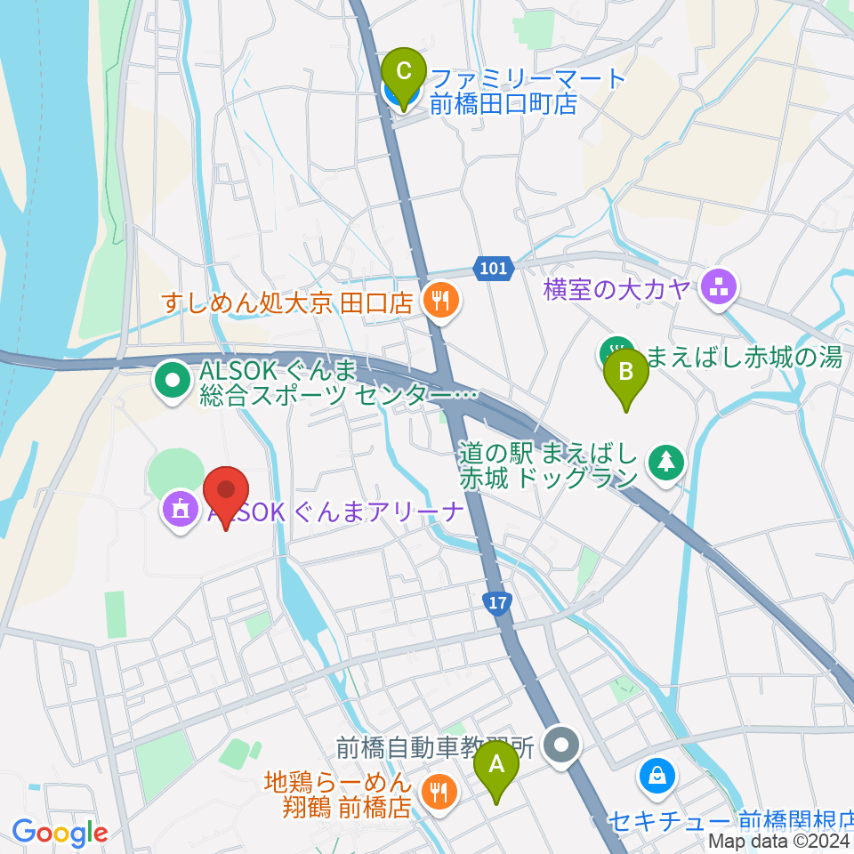 ALSOKぐんま武道館周辺のコンビニエンスストア一覧地図