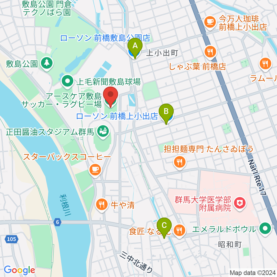 アースケア敷島サッカー・ラグビー場周辺のコンビニエンスストア一覧地図