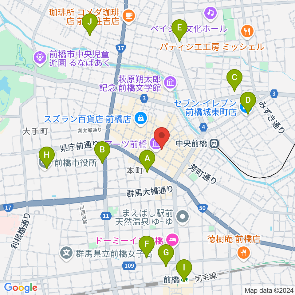 アーツ前橋周辺のコンビニエンスストア一覧地図