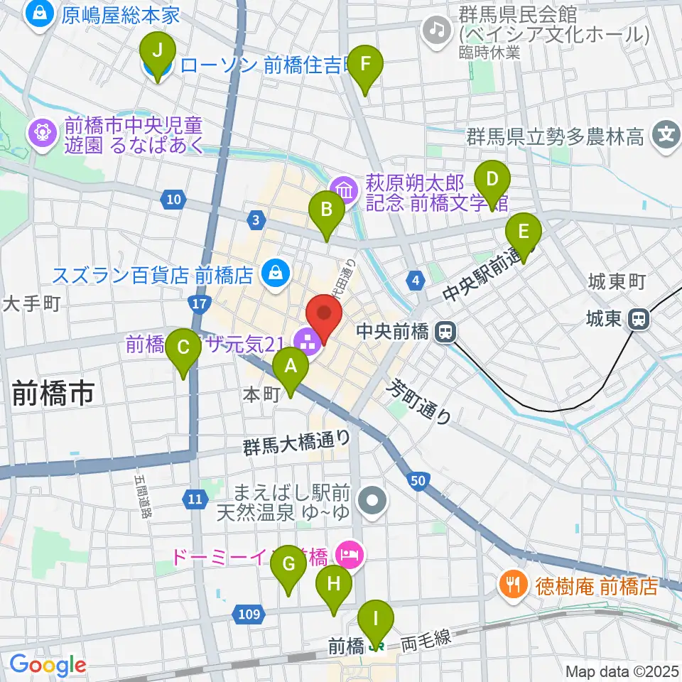 アーツ前橋周辺のコンビニエンスストア一覧地図