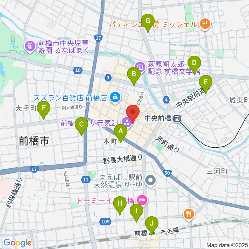 アーツ前橋周辺のコンビニエンスストア一覧地図