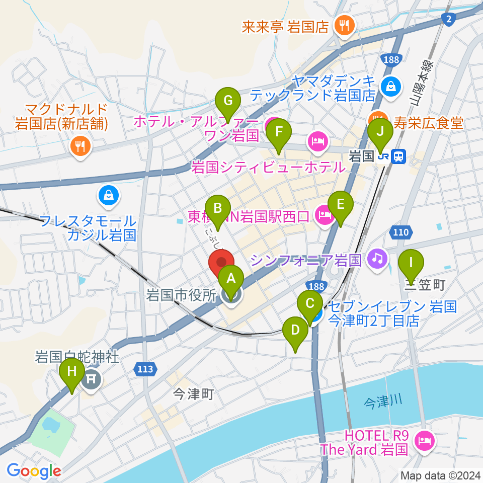 岩国市民文化会館周辺のコンビニエンスストア一覧地図