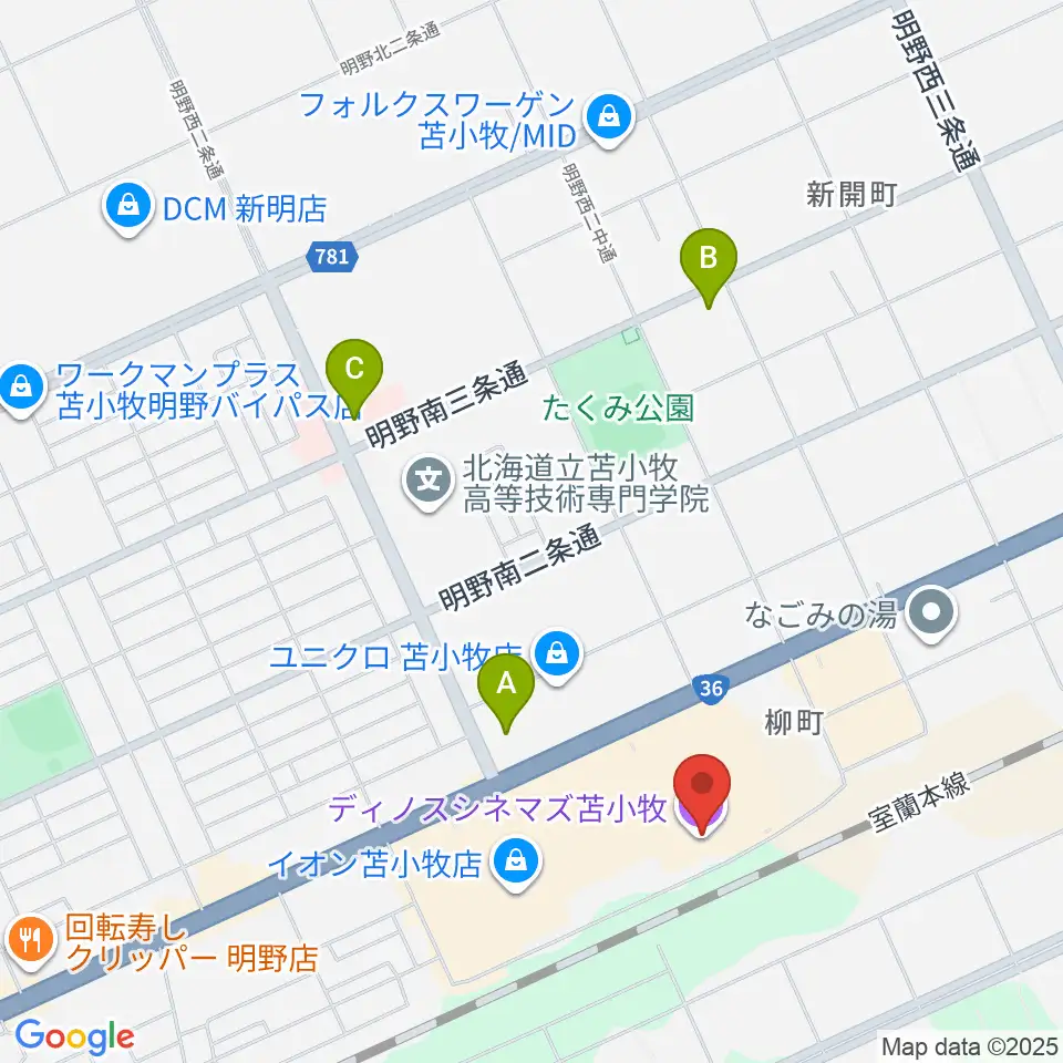 ディノスシネマズ苫小牧周辺のコンビニエンスストア一覧地図