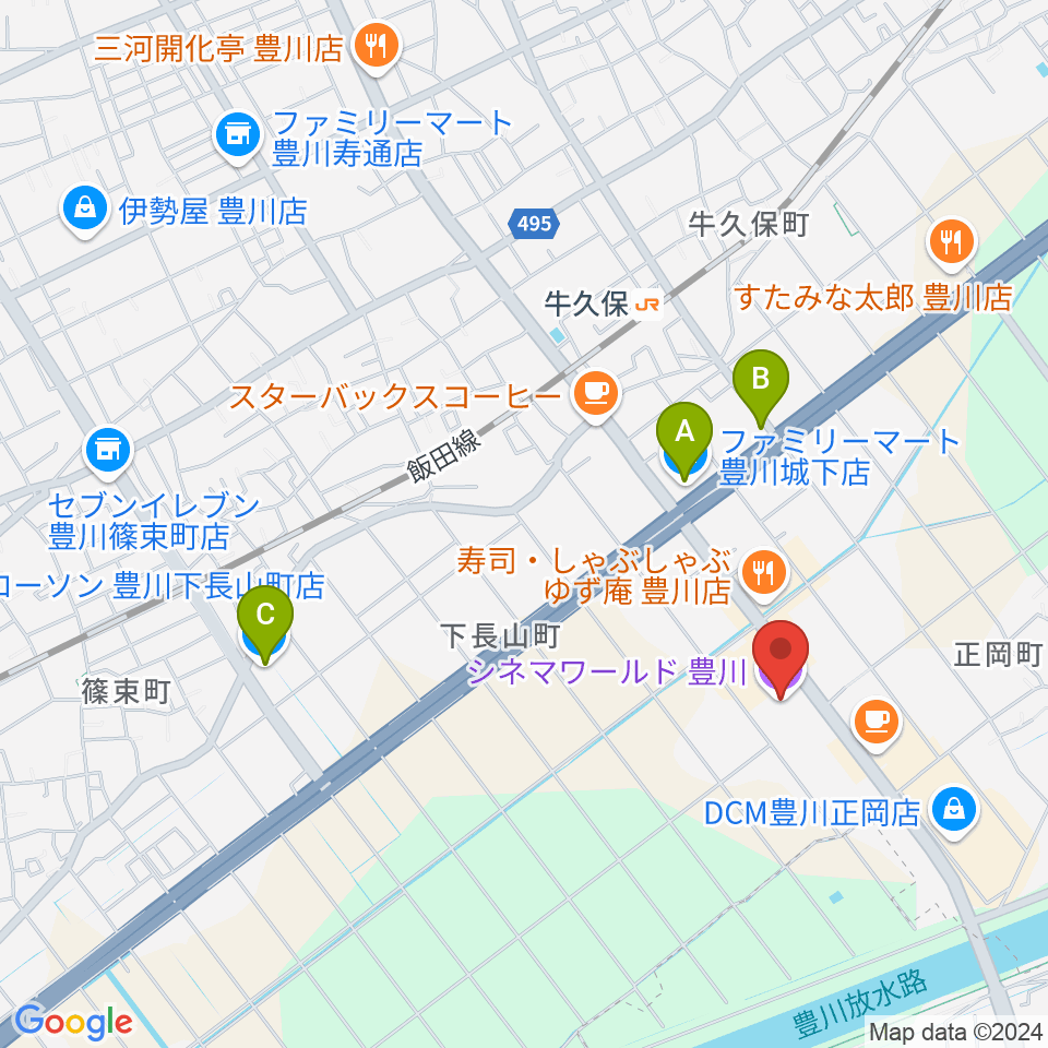 シネマワールド豊川周辺のコンビニエンスストア一覧地図