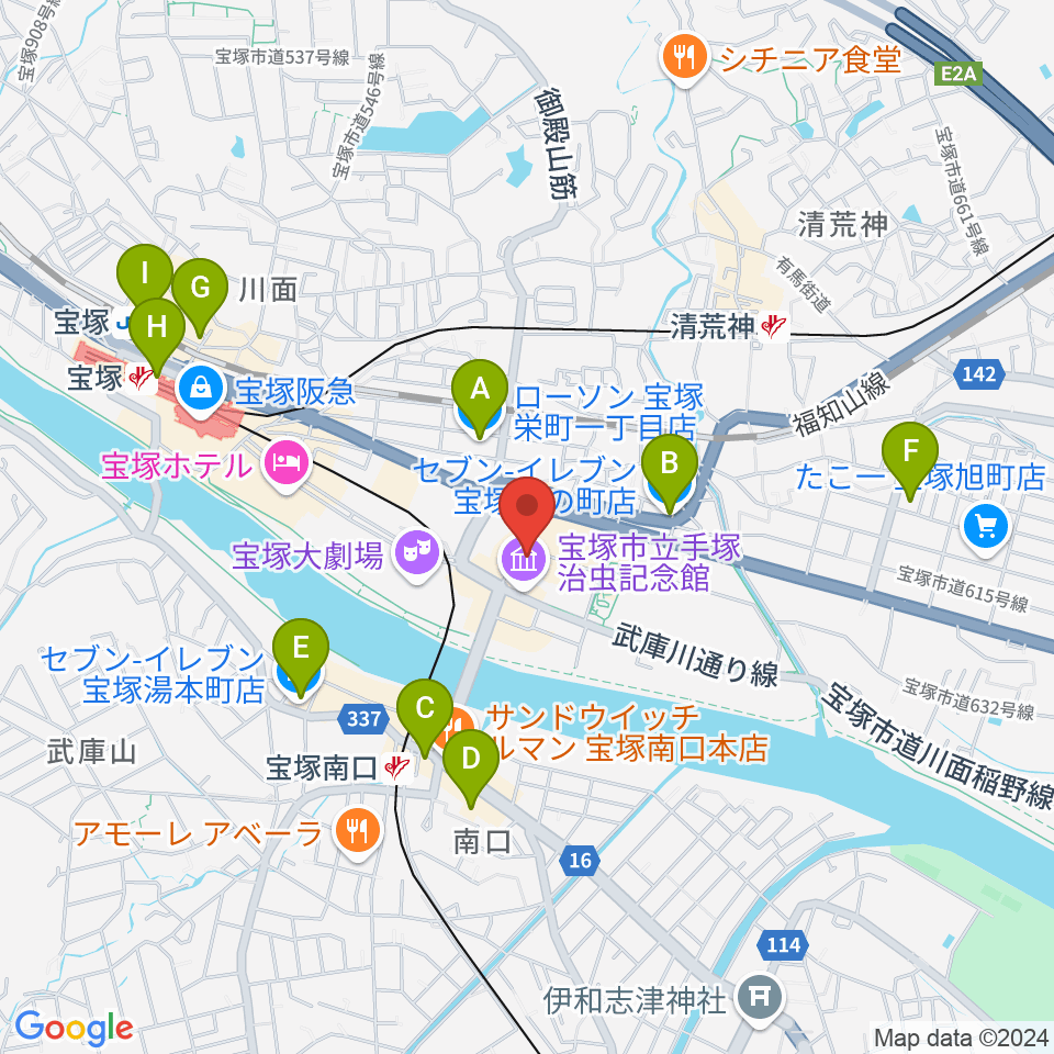 宝塚市立文化芸術センター周辺のコンビニエンスストア一覧地図