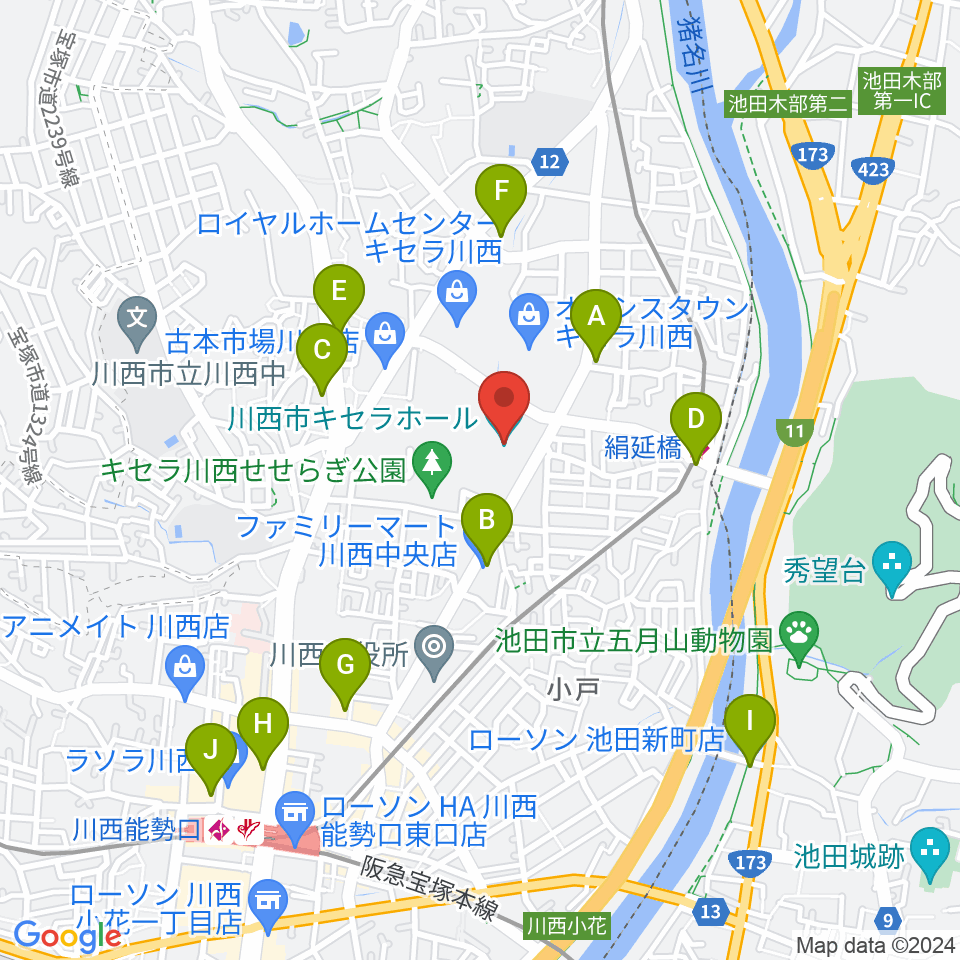 川西市キセラホール周辺のコンビニエンスストア一覧地図