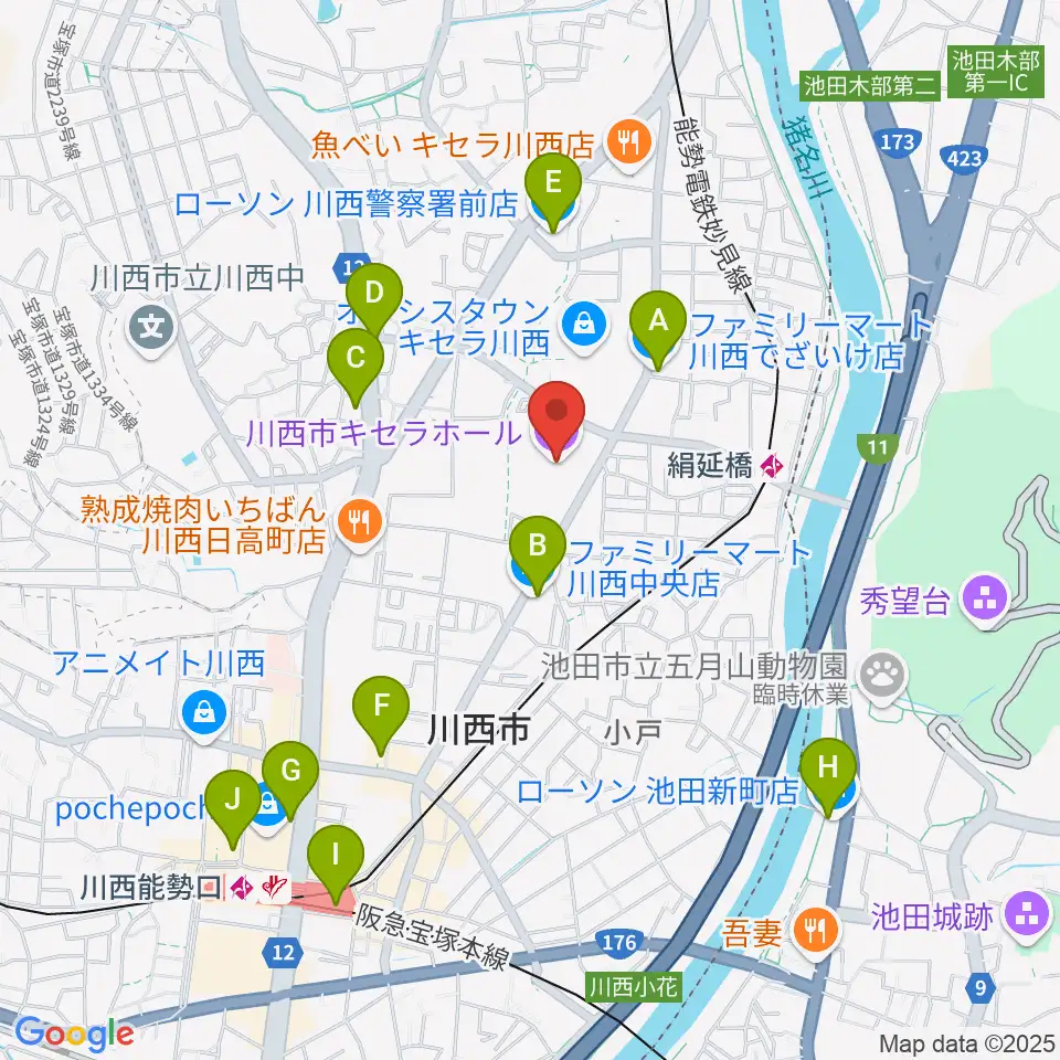 川西市キセラホール周辺のコンビニエンスストア一覧地図
