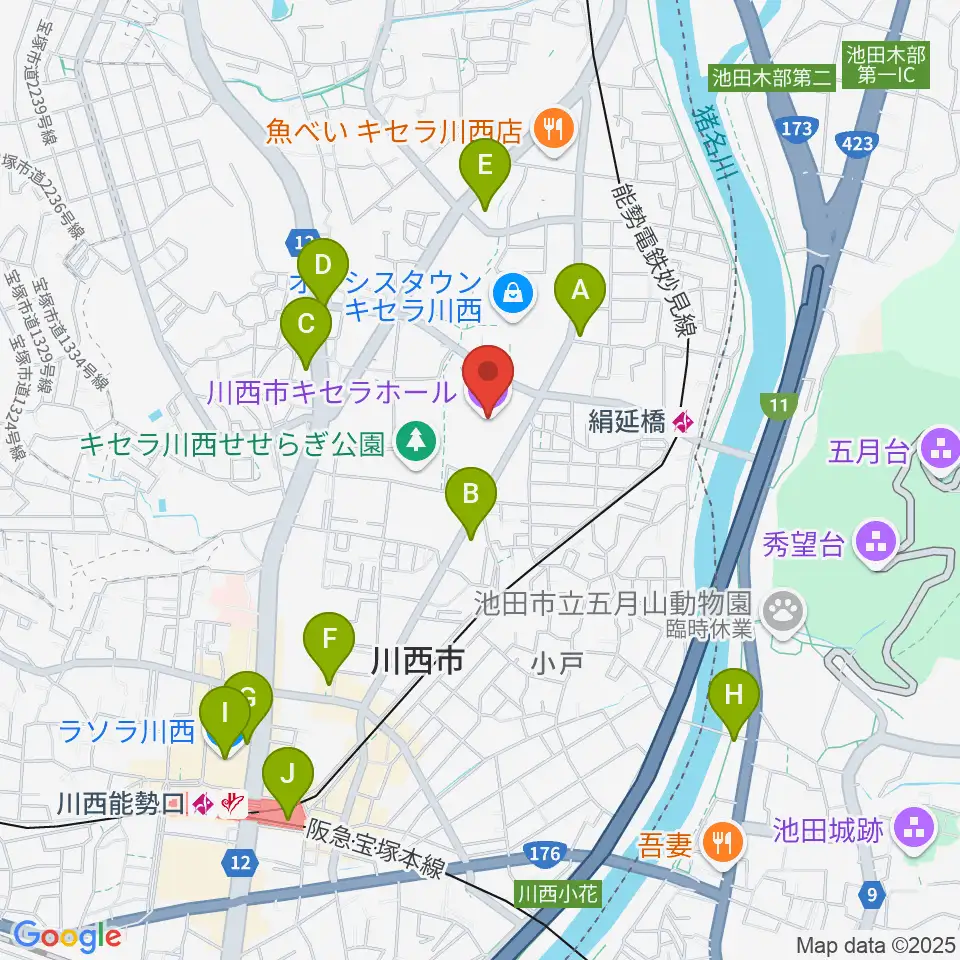 川西市キセラホール周辺のコンビニエンスストア一覧地図