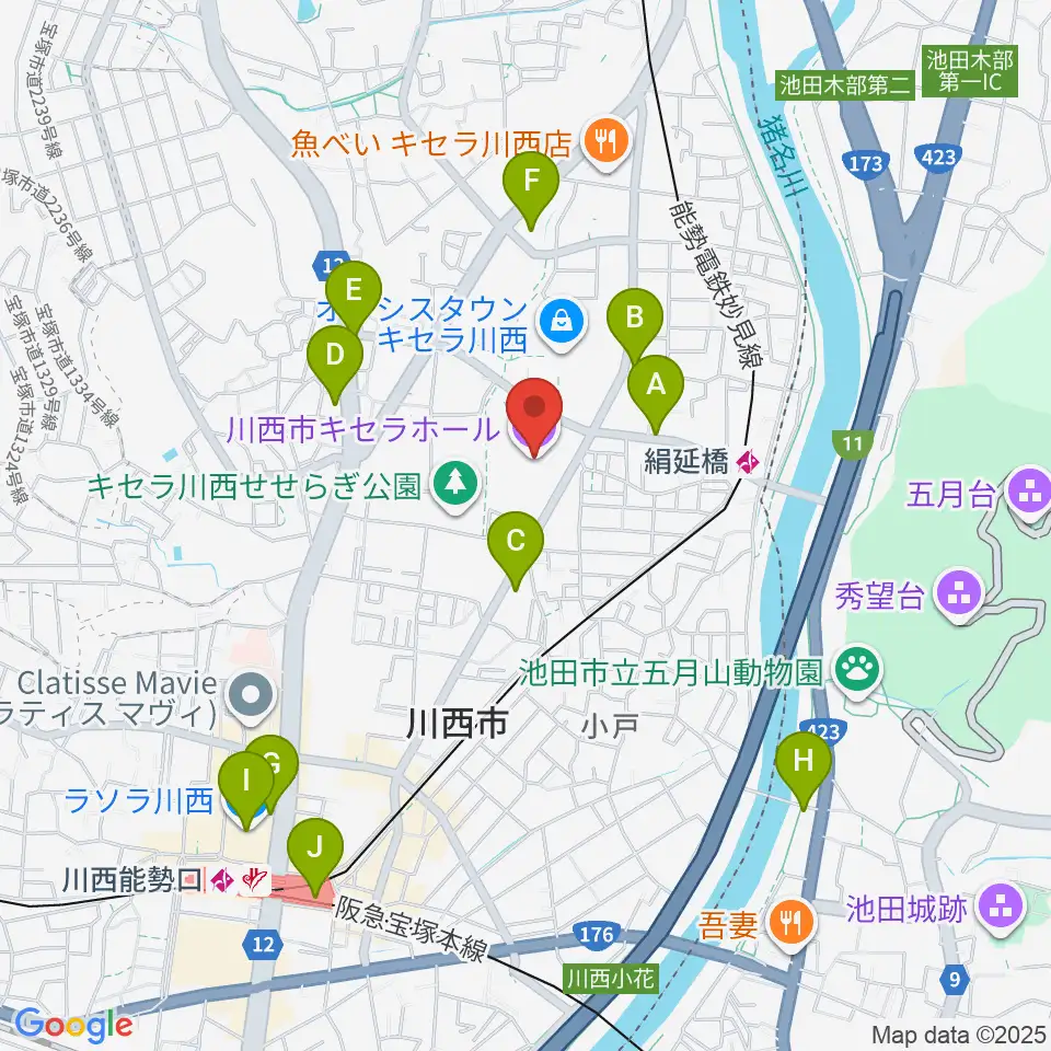 川西市キセラホール周辺のコンビニエンスストア一覧地図