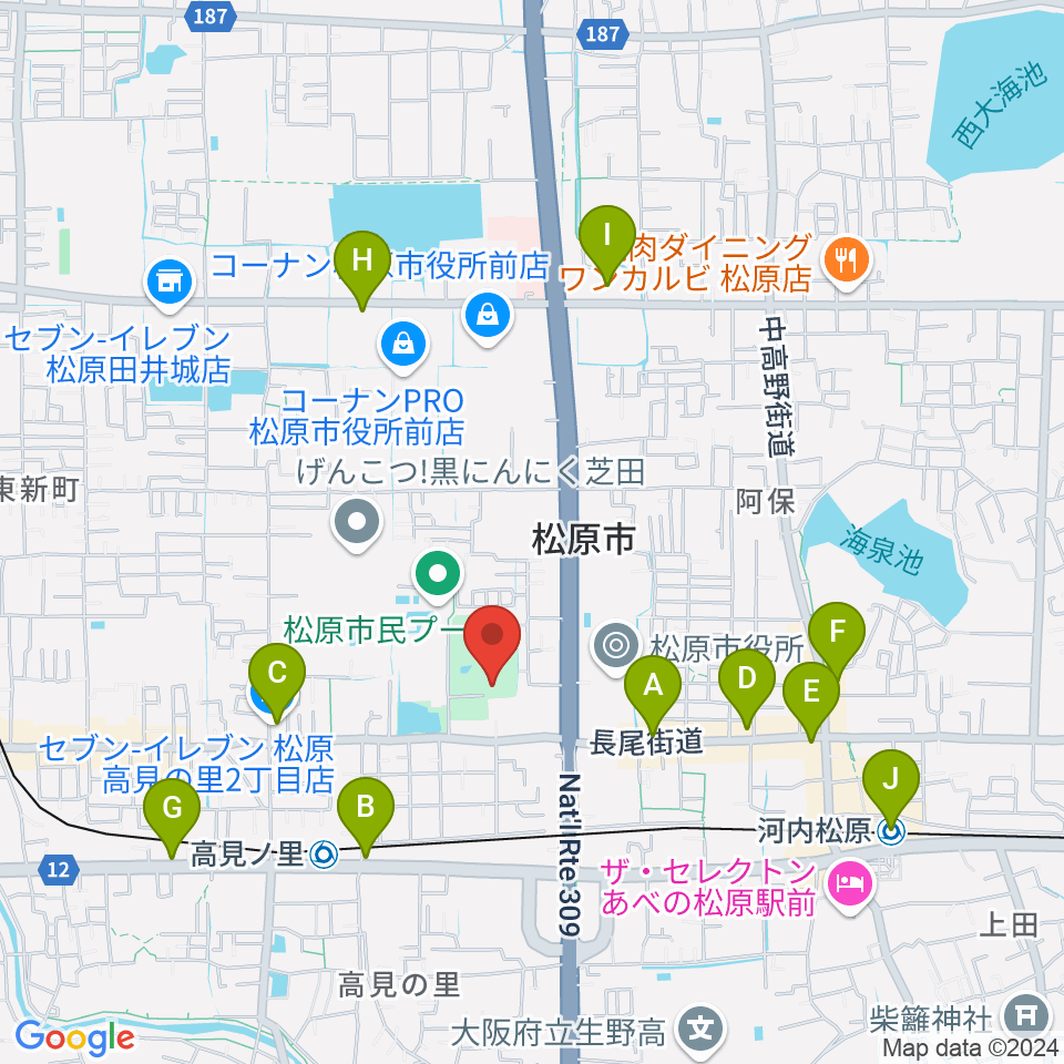 松原市文化会館周辺のコンビニエンスストア一覧地図