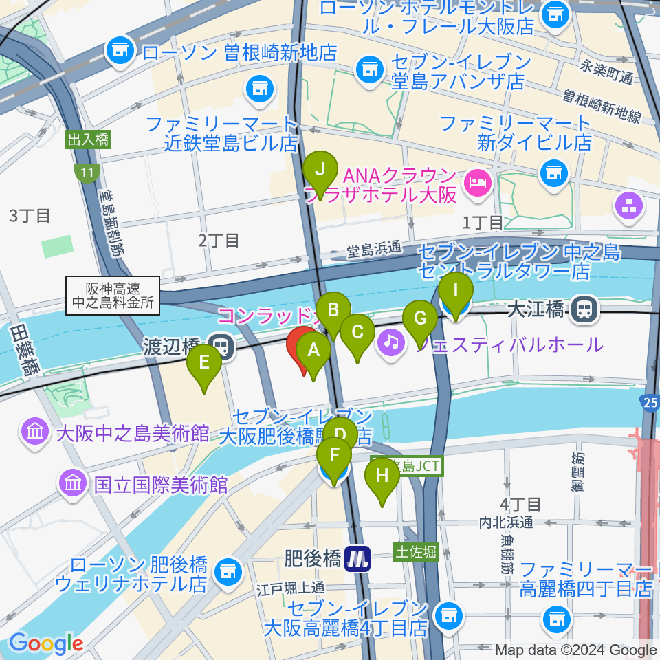 中之島会館周辺のコンビニエンスストア一覧地図