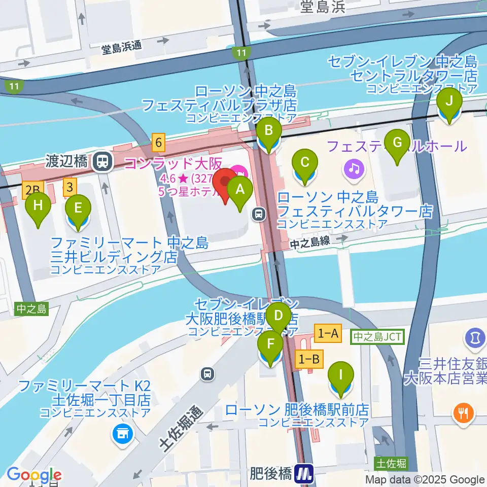 中之島会館周辺のコンビニエンスストア一覧地図