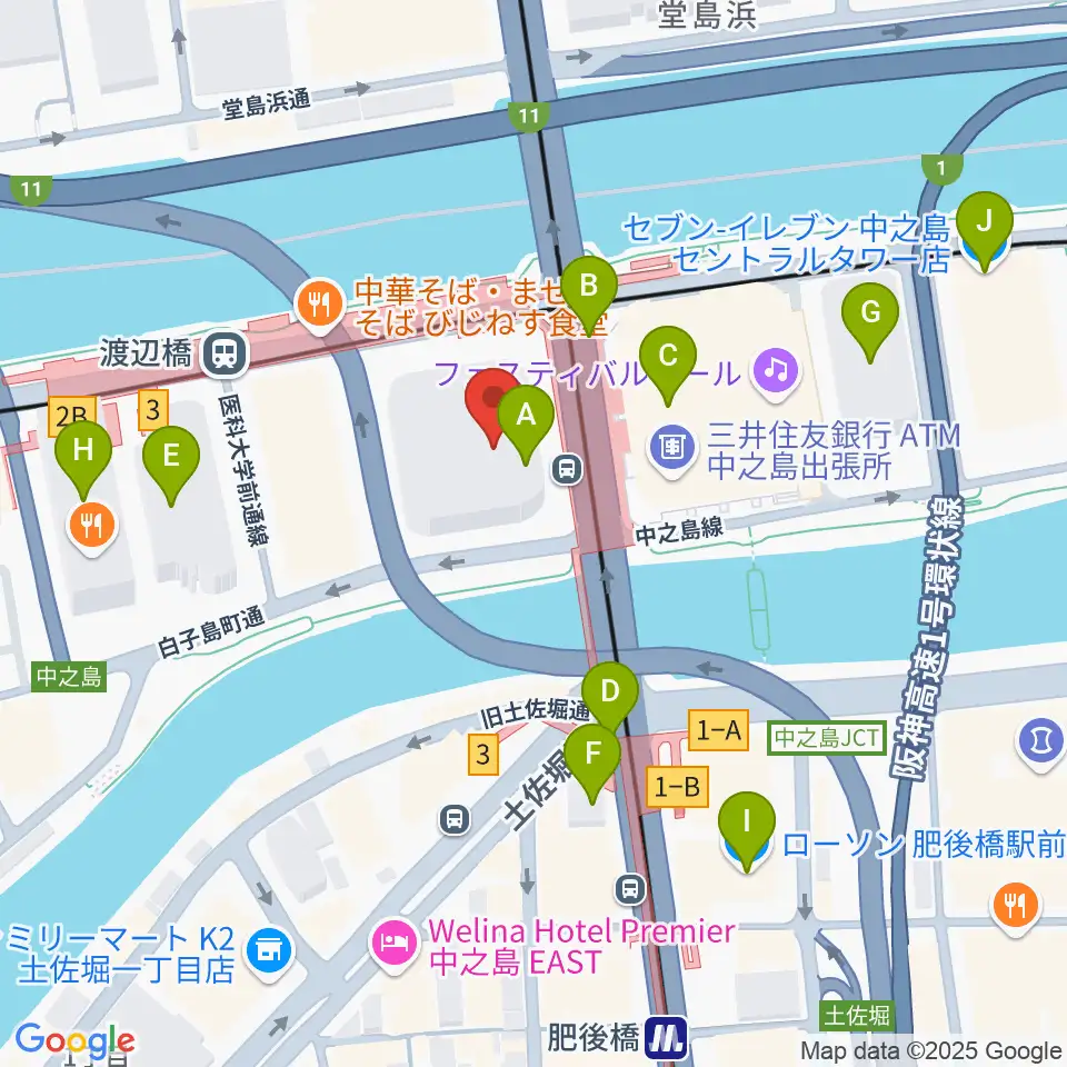 中之島会館周辺のコンビニエンスストア一覧地図