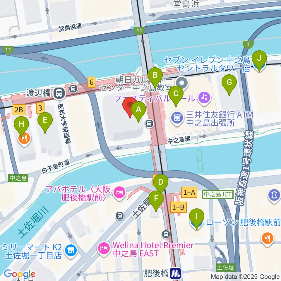 中之島会館周辺のコンビニエンスストア一覧地図