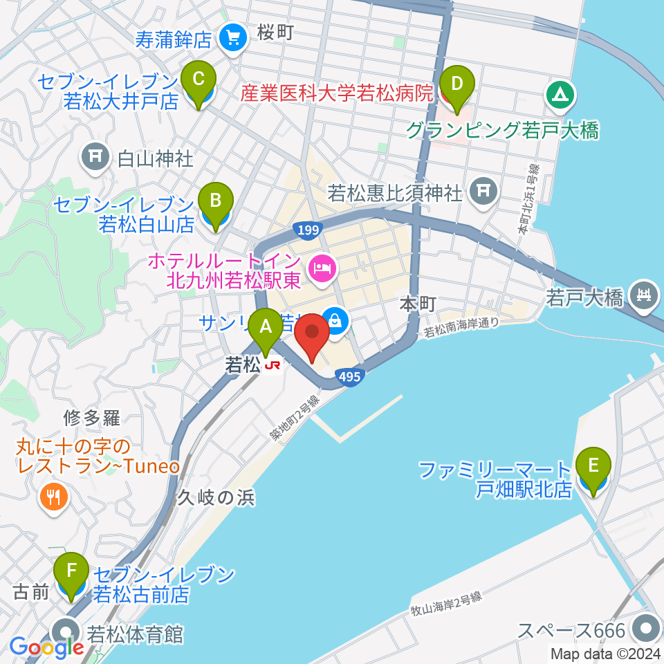 若松市民会館周辺のコンビニエンスストア一覧地図