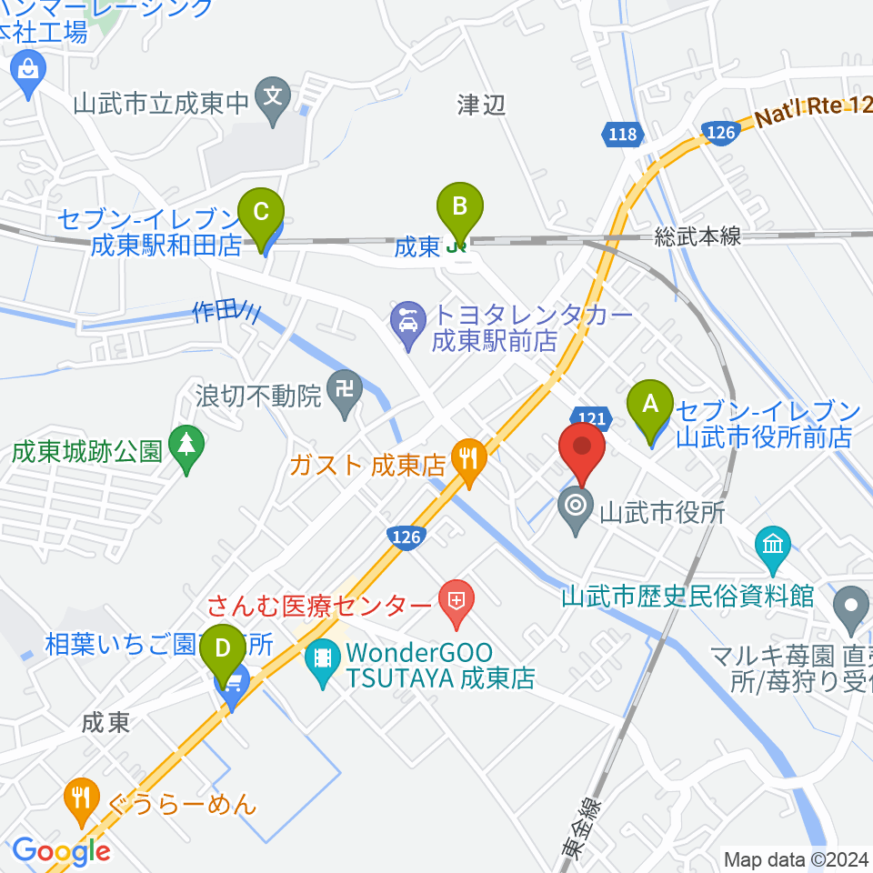山武市成東文化会館のぎくプラザ周辺のコンビニエンスストア一覧地図