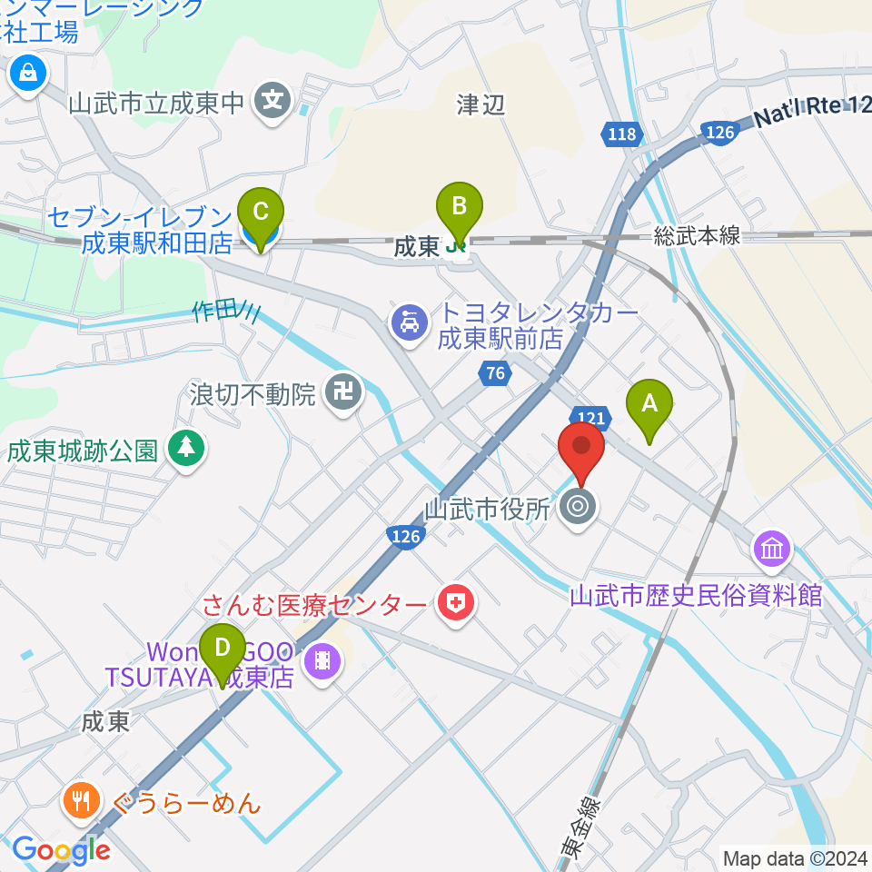 山武市成東文化会館のぎくプラザ周辺のコンビニエンスストア一覧地図