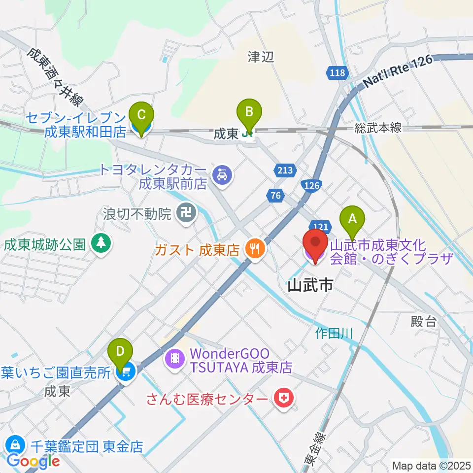 山武市成東文化会館のぎくプラザ周辺のコンビニエンスストア一覧地図